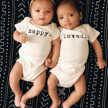 Load image into Gallery viewer, Loved / Happy / Perfect Slogan Baby Bodsuit
